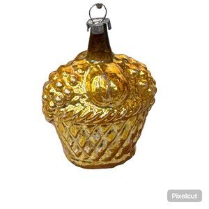 Vintage Golden Cupcake Mercury Glass Flower Basket Christmas Ornament Antique 2"